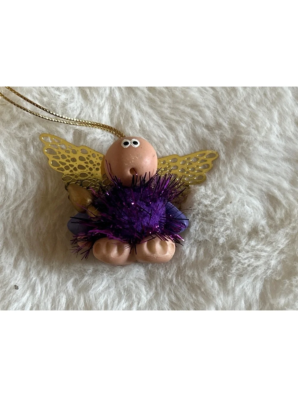 Handcrafted Angel Pendant Ornament with Purple Tinsel Dress and Gold Wings